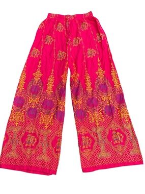 Vibrant Pink/Blue/Gold Indian Motif Elephant Print Boho Palazzo Pant (XS/S)